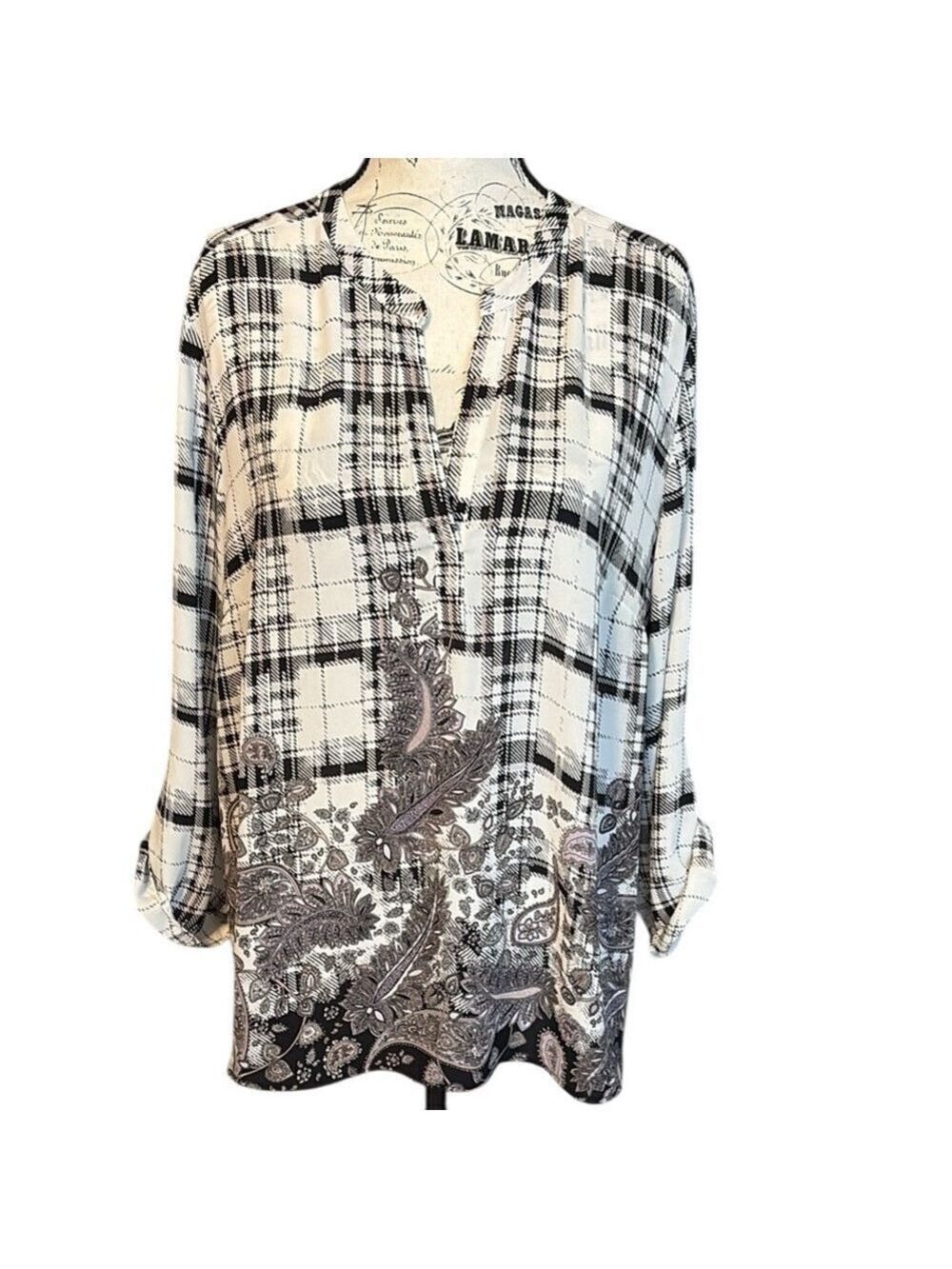 Daniel Rainn Plaid Paisley Blouse 3/4 length Sleeve Black Multi Size XL